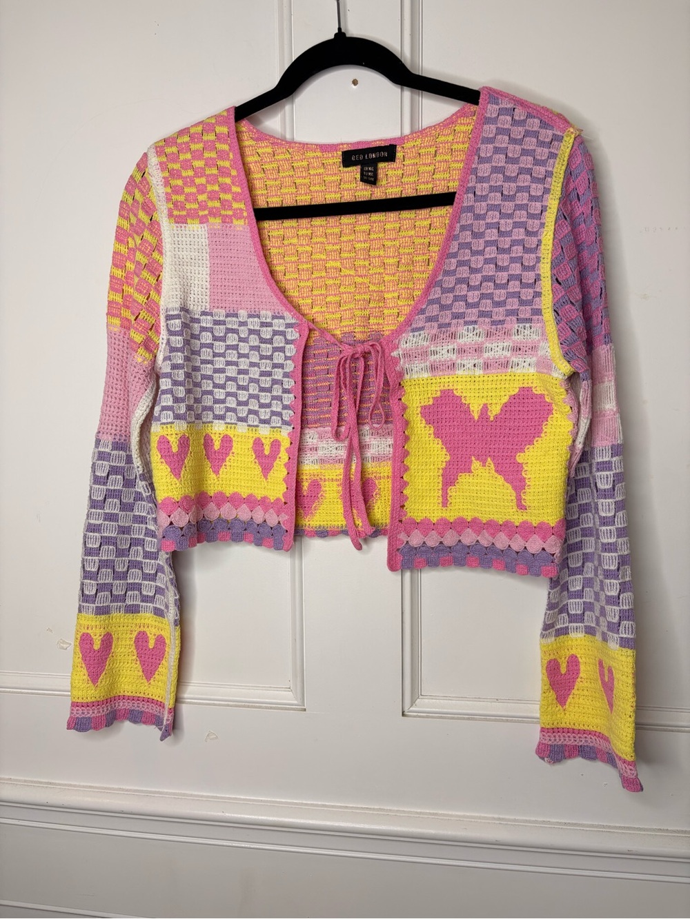 QED London Pink Yellow Lavender Patchwork Tie-Front Cardigan
